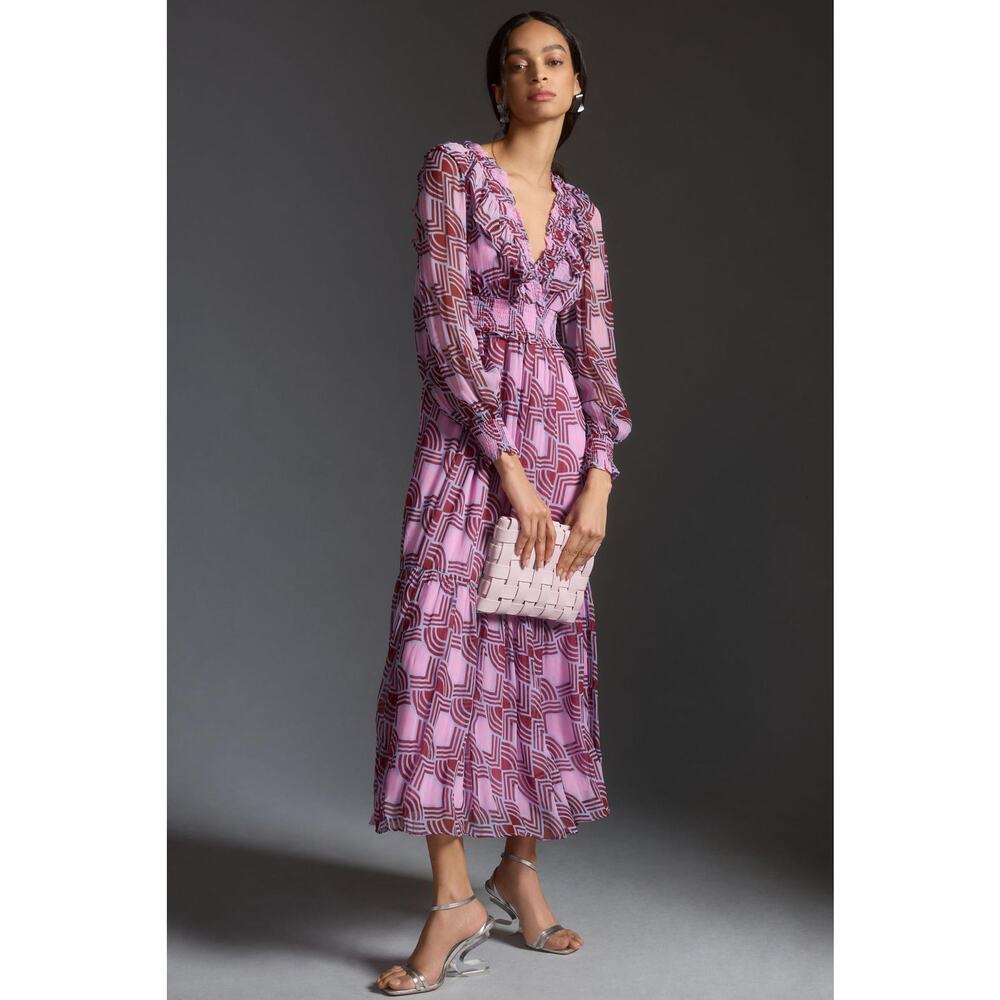 Anthropologie The Odetta Ruffled V-Neck Dress Multicolor Size L NWT
